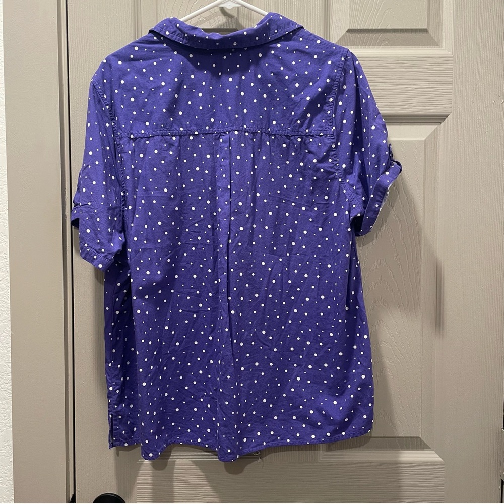 Purple V-Neck Button Down Shirt With White Polka Dots - Picture 6 of 6